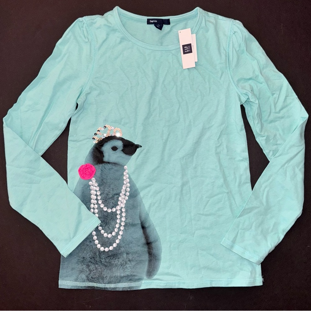 NEW Gap kids girls top L 9 10 aqua blue necklace penguin crown pink Tee shirt
